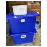 TWO BLUE TOTES AND BASKET