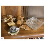 SMITH GLASS DISH, BONSAI TREE, (2) DEER, WHITE