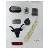 LETTER OPENER, LUCKY PENNY, TAPE MEASURE, KNIFE