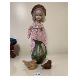 PORCELAIN DOLL, HAND PAINTED PITCHER, 2 BIRDS
