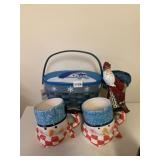 PICNIC BASKET, 2 SNOWMAN CUPS, SANTA CANDLE