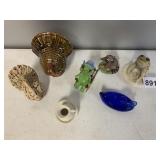 ASSORTED ANIMALS FROGS AND BLUE GLASS DUCK