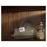 GLASS BUTTER DISH, PEPPER, ETC.