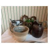 CROCK, BASKET, HEART W/ GREENS MADE FROM TWIGS