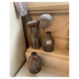 JAR WITH VINTAGE UTENSILS AND 2 SMALL JUGS