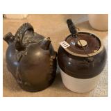 CROCK WITH LID AND JUG WITH BROKEN PIECE