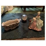 PORCELAIN FIGURE, GLASS BALL, DISH