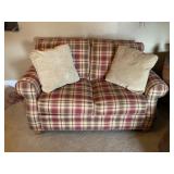BROYHILL TAN & MAROON PLAID COUCH, IN GOOD COND