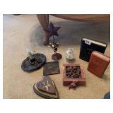 WOODEN DECORATIVE BOOKS, CANDLE, WOODEN HEARTS,