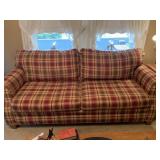 BROYHILL TAN & MAROON PLAID COUCH, IN GOOD COND
