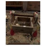 WOOD CADDY AND 2 VASES