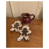 SMALL PITCHER AND 2 WOODEN GINGERBREAD CUT OUTS