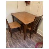 WOODEN TWO-TONE TABLE WITH TWO MATCHING CHAIRS,