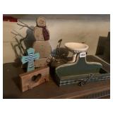 WOOD SNOWMAN, CROSS, MILK GLASS PEDESTAL DISH,