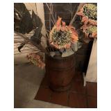 WOODEN BARREL 17" WITH LARGE ARTIFICIAL FLOWERS,