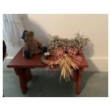 SMALL RED STOOL WITH TEDDY BEAR, CANDLE HOLDER,