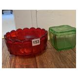 VINTAGE GREEN REFRIGERATOR JAR AND RED GLASS BOWL