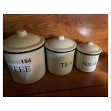 ENAMEL WARE COFFEE, TEA, AND SUGAR CANISTERS WITH