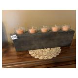 WOODEN CANDLE HOLDER AND CANDLES, 5" X 16" X 3"