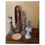 WOODEN CANDLE HOLDERS, TIN CANDLE HOLDER, ETC.