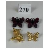 TWO WEISS RED RHINESTONE IN BLACK METAL BUTTERFLY