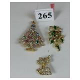 THREE CHRISTMAS PINS WEISS RHINESTONE CHRISTMAS