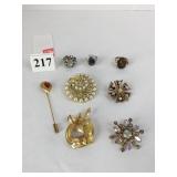 GROUP OF PIN BROOCHES RHINESTONES RED STONE