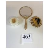 SMALL HAND MIRROR BLACK AND GOLD PIN WITH LION