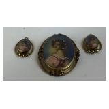 VINTAGE PIN AND EARRING SET WITH PAINTED