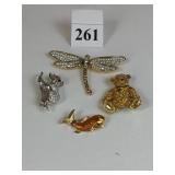 FOUR SWAROVSKI PINS TWO BEARS ONE GOLD TONE AND