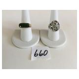 GOLD TONE RING SIZE 8 WITH GREEN STONE SILVER