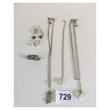 THREE SILVER TONE PENDANT NECKLACES OWL GREEN