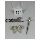 STERLING SILVER PINS CAT SWORD AND FILIGREE BOW