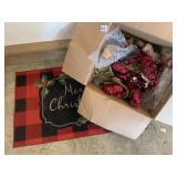 CHRISTMAS RUG, ORNAMENTS, AND SPRIGS