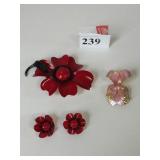 RED ENAMEL FLOWER PIN AND EARRING SET PINK ORCHID