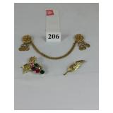 SWEATER PIN WITH TINY COINS AND PEARLS LEAF PIN