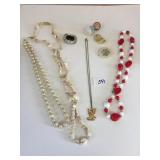 GROUP OF NECKLACES BEADED SHELLS THREE PINS EAGLE