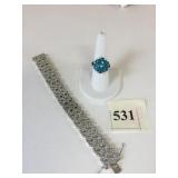 SILVER 925 RHINESTONE BRACELET BLUE STONE RING