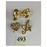 BOW PIN GOLD TONE LETTER "A" PIN HEART PIN WITH