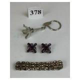 EIFFEL TOWER KEYCHAIN PAIR OF PURPLE STONE BLACK
