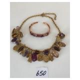 GOLD TONE NECKLACE WITH PURPLE DROPS AND COINS