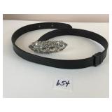 BLACK LEATHER BELT WITH LARGE SILVER TONE BUCKLE