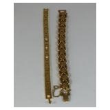 TWO GOLD TONE BRACELETS ONE WITH RHINESTONES