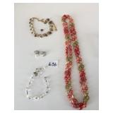 BEADED NECKLACE ORANGE WITH GOLD TONE BEADS DROP