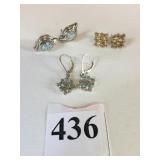 THREE PAIR SILVER 925 PIERCED EARRINGS BLUE STONE