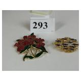 ENAMEL FLOWER PIN AND SIGNED A1596 GOLD TONE