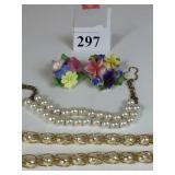 PEARL BRACELETS TWO CERAMIC FLOWER PINS