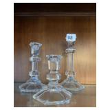 3 GLASS CANDLE STICK HOLDERS, VARIOUS HEIGHTS