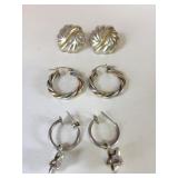 THREE PAIR EARRINGS TWO HOOPS ONE SILVER