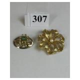 TWO CORO PINS GOLD TONE FLOWER WITH PEARL CENTER